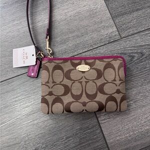 Coach Brown Wristlet with Magenta Accents